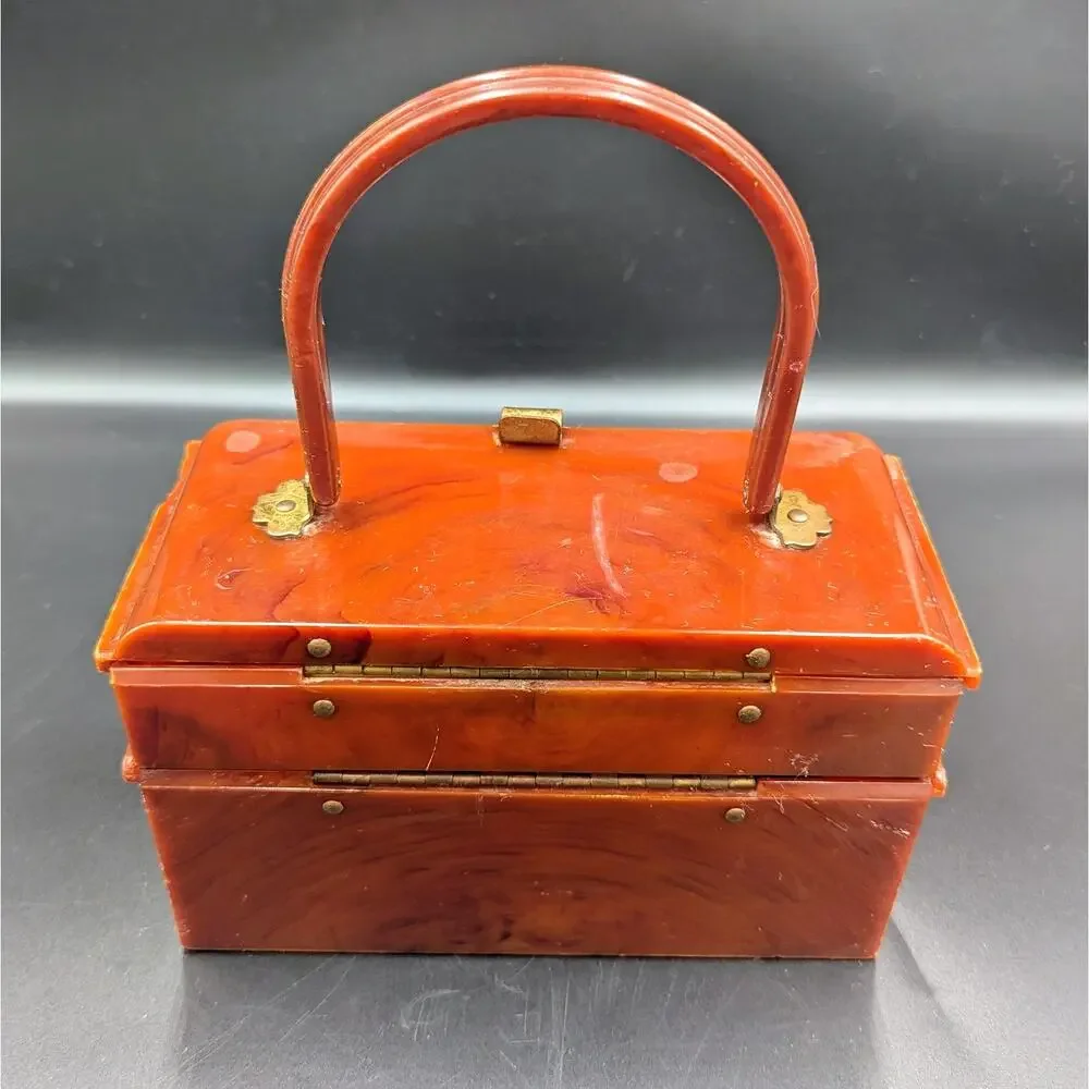Vintage Marbled Lucite Style Purse Trinket Jewelry Box Amber Brown Brass Clasp